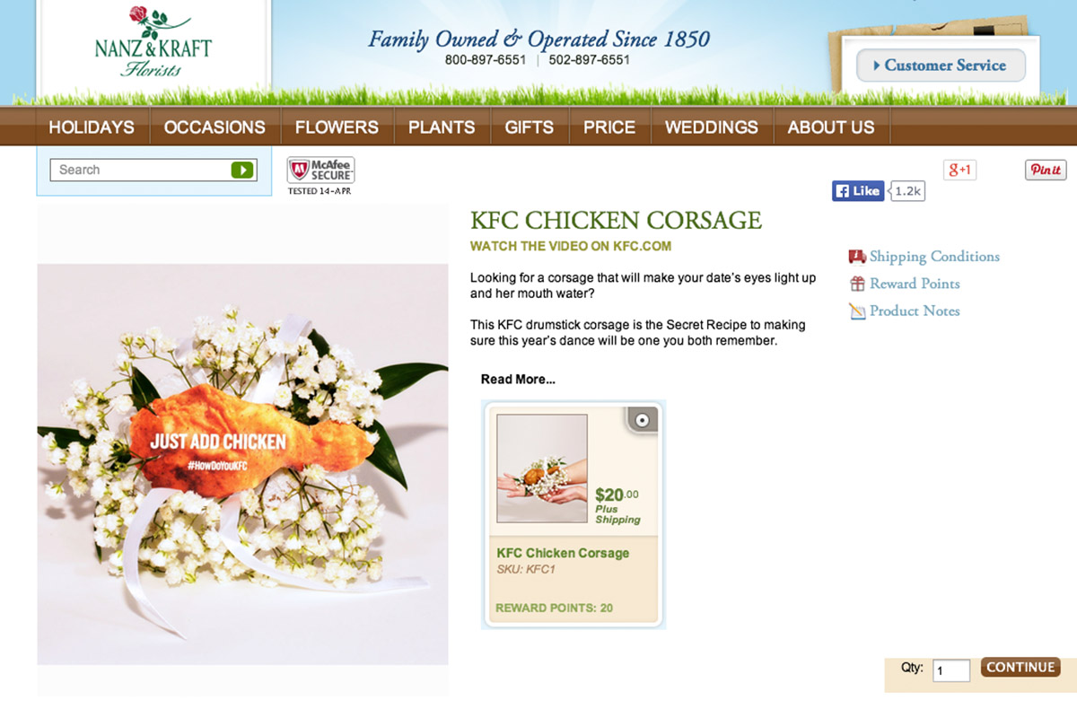 Nantz & Kraft Florists Ecommerce website for KFC Chicken Corsage.